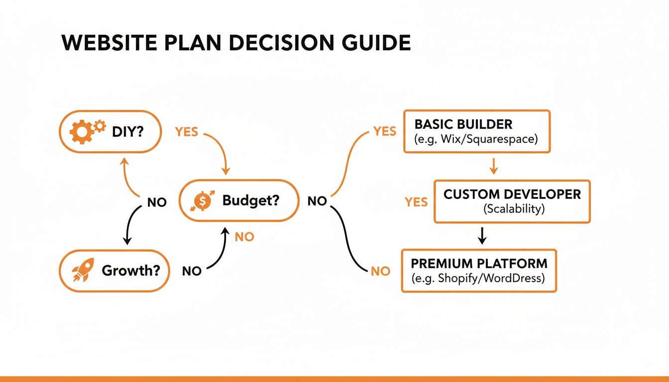 Flowchart guiding website plan decisions based on DIY, budget, and growth leading to different platforms.