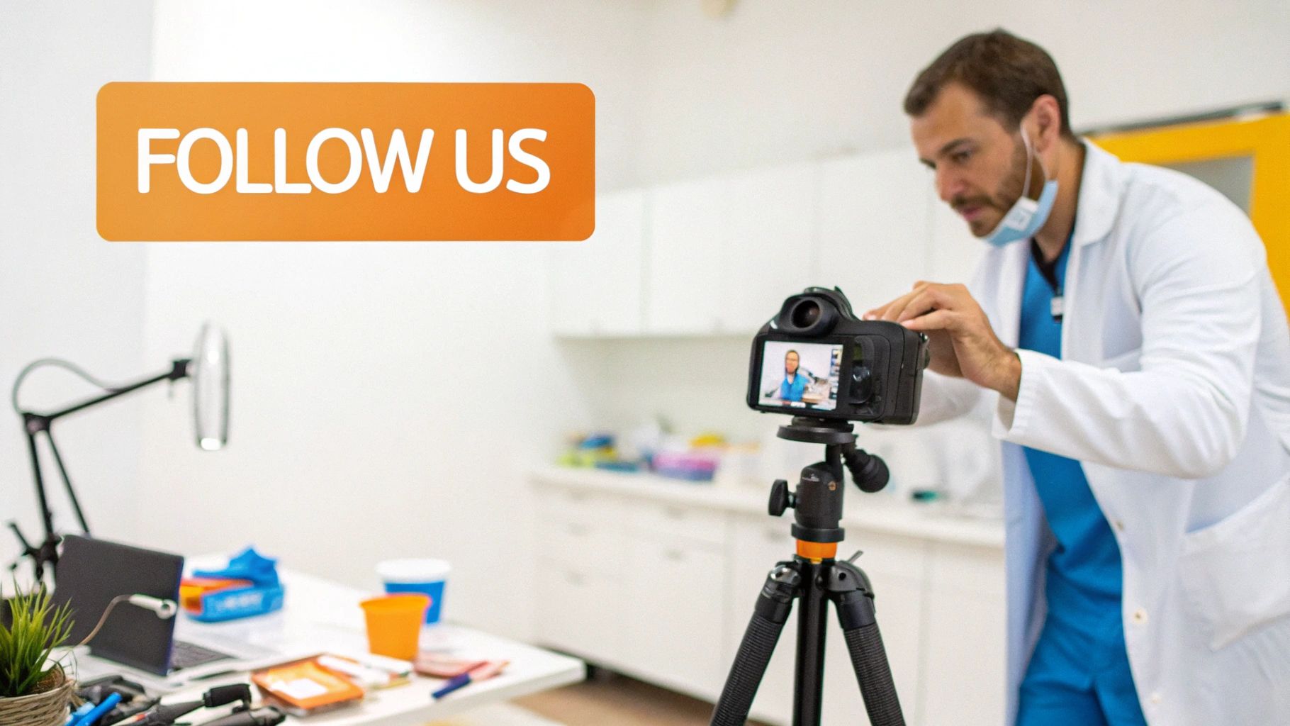 Male medical professional records a 'Follow Us' video in a modern clinic, setting up a camera on a tripod.