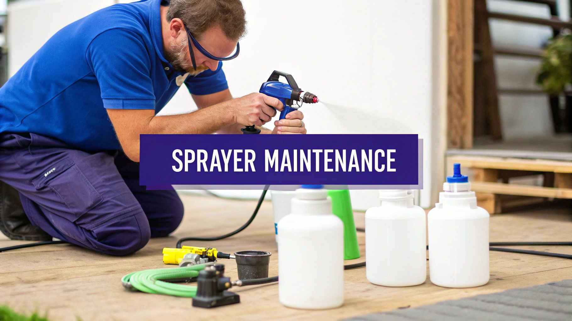 A man in safety glasses kneels on a wooden floor, cleaning a blue paint sprayer.