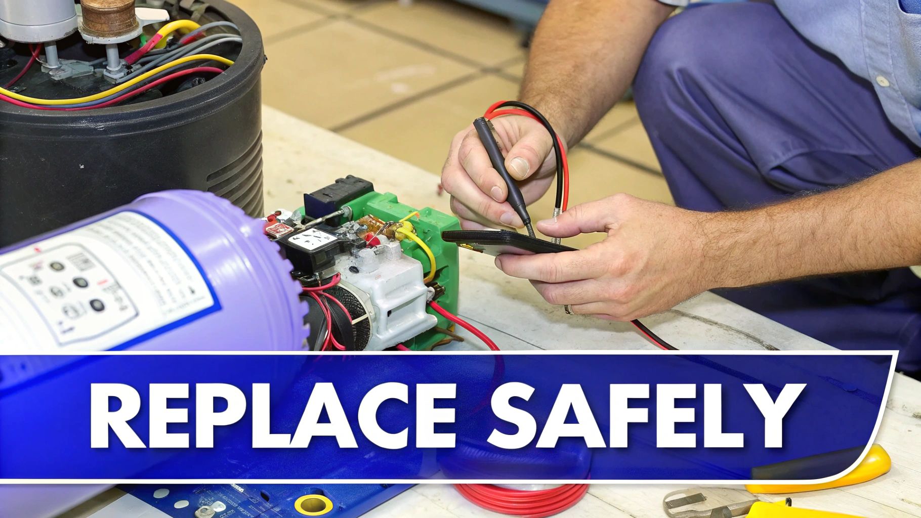 Hands using a multimeter to test electrical components of a system, emphasizing safe replacement.