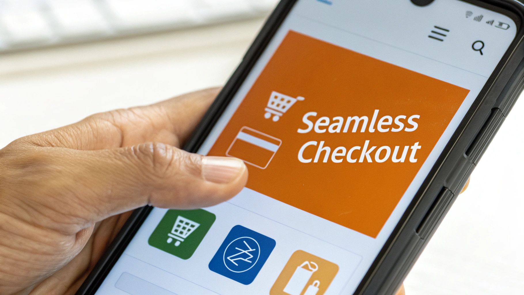 A hand holds a smartphone showing a 'Seamless Checkout' screen with shopping cart and credit card icons.