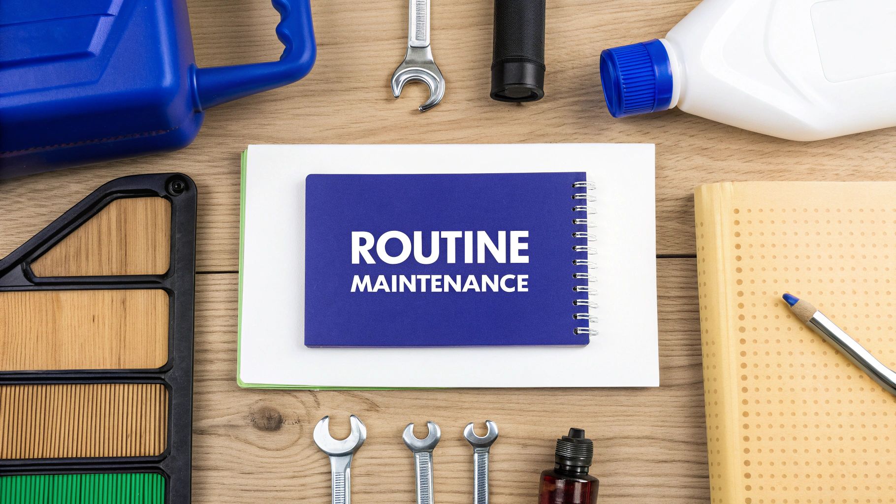 A flat lay of maintenance tools, a car air filter, and a notebook titled 'Routine Maintenance' on wood.