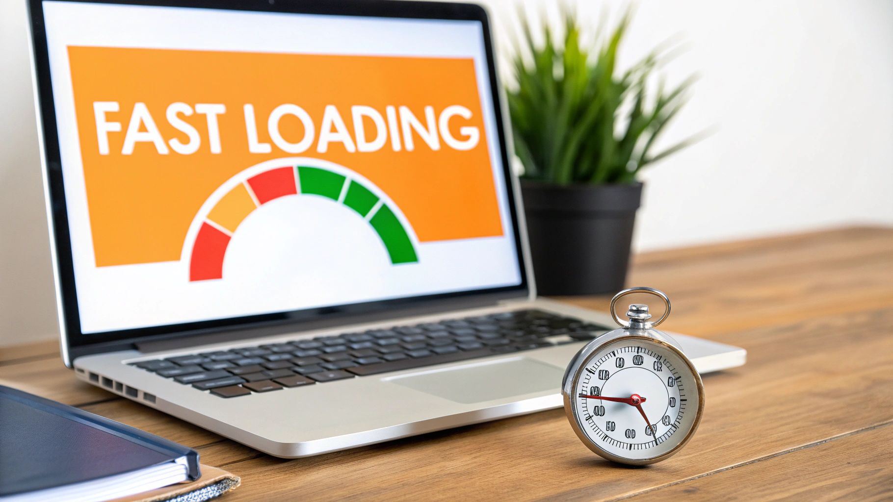 A laptop displays 'Fast Loading' and a green speed gauge next to a stopwatch, symbolizing website speed.