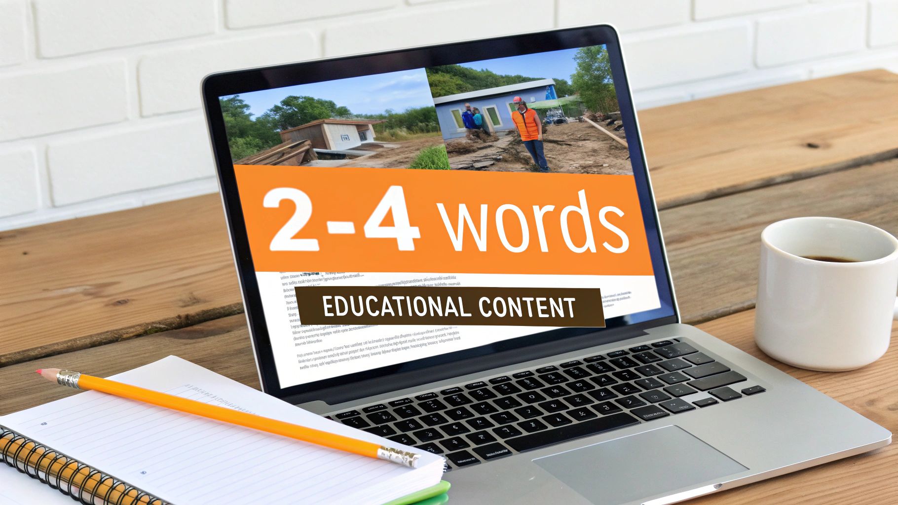 Laptop on a wooden desk displays educational content with construction images, next to a notebook, pencil, and coffee mug.