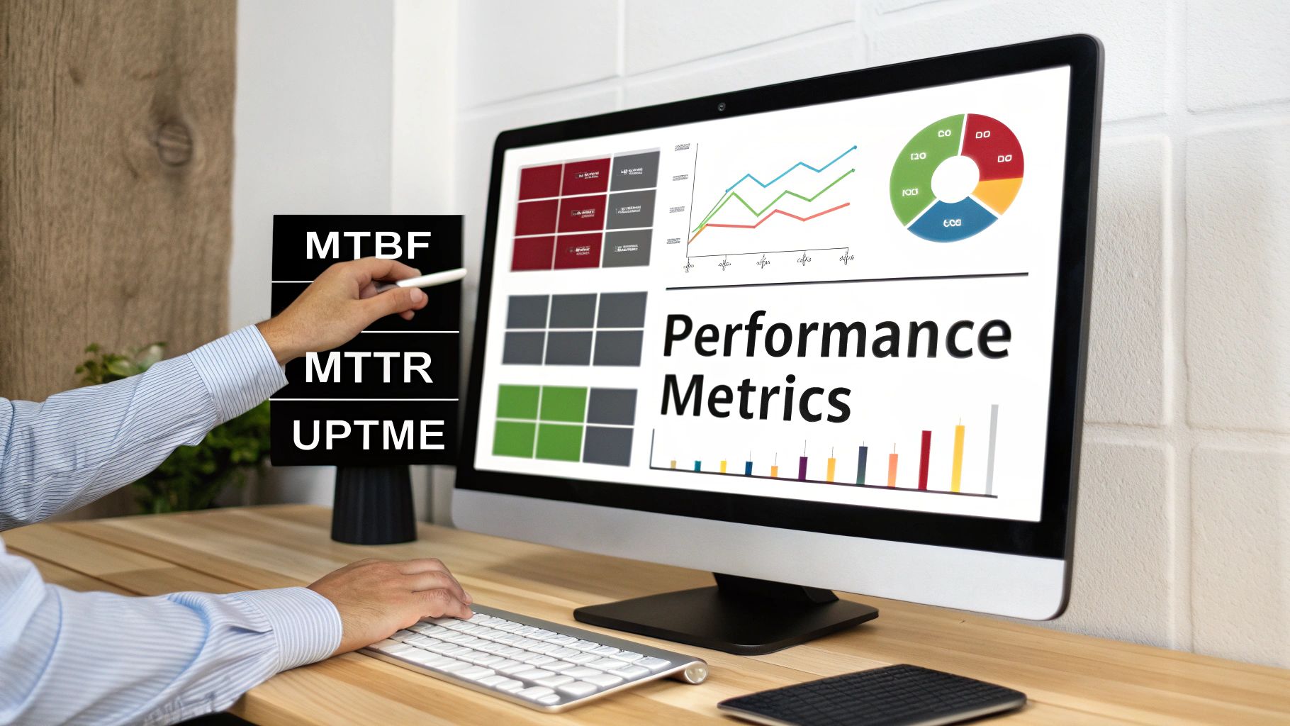 A person reviewing maintenance and performance metrics, including MTBF, MTTR, and UPTIME, on a computer screen.