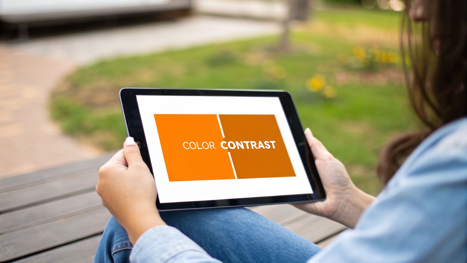 Close-up of a person holding a tablet displaying 'COLOR CONTRAST' for accessibility design.