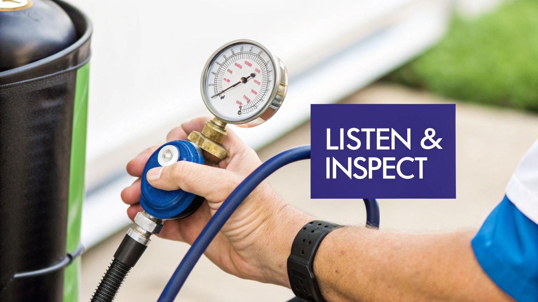 Hands operating a pressure gauge and hose connected to a tank, with 'LISTEN & INSPECT' overlay.