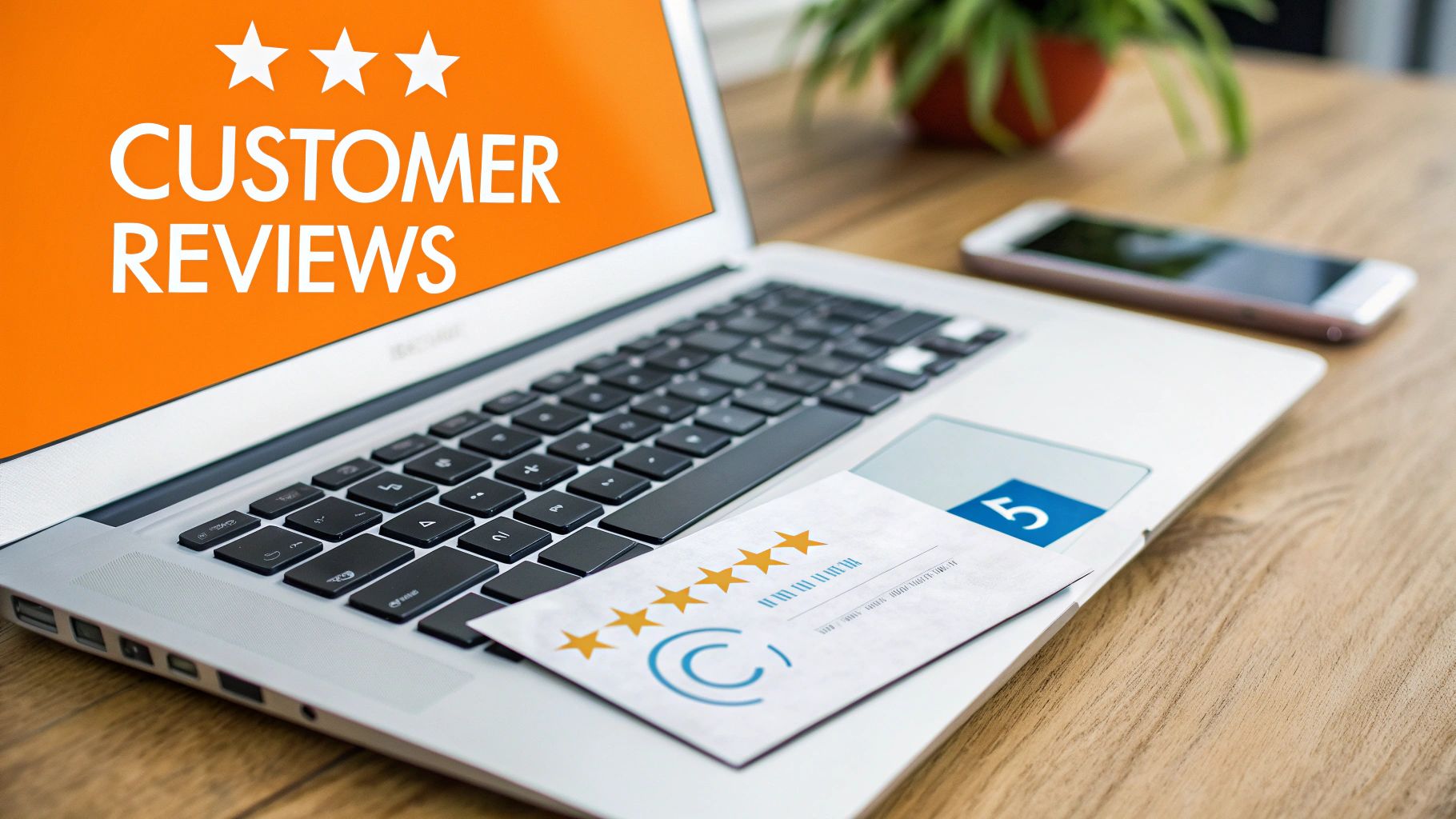 Laptop screen showing 'CUSTOMER REVIEWS' with three stars, a review card with five stars, and a phone.