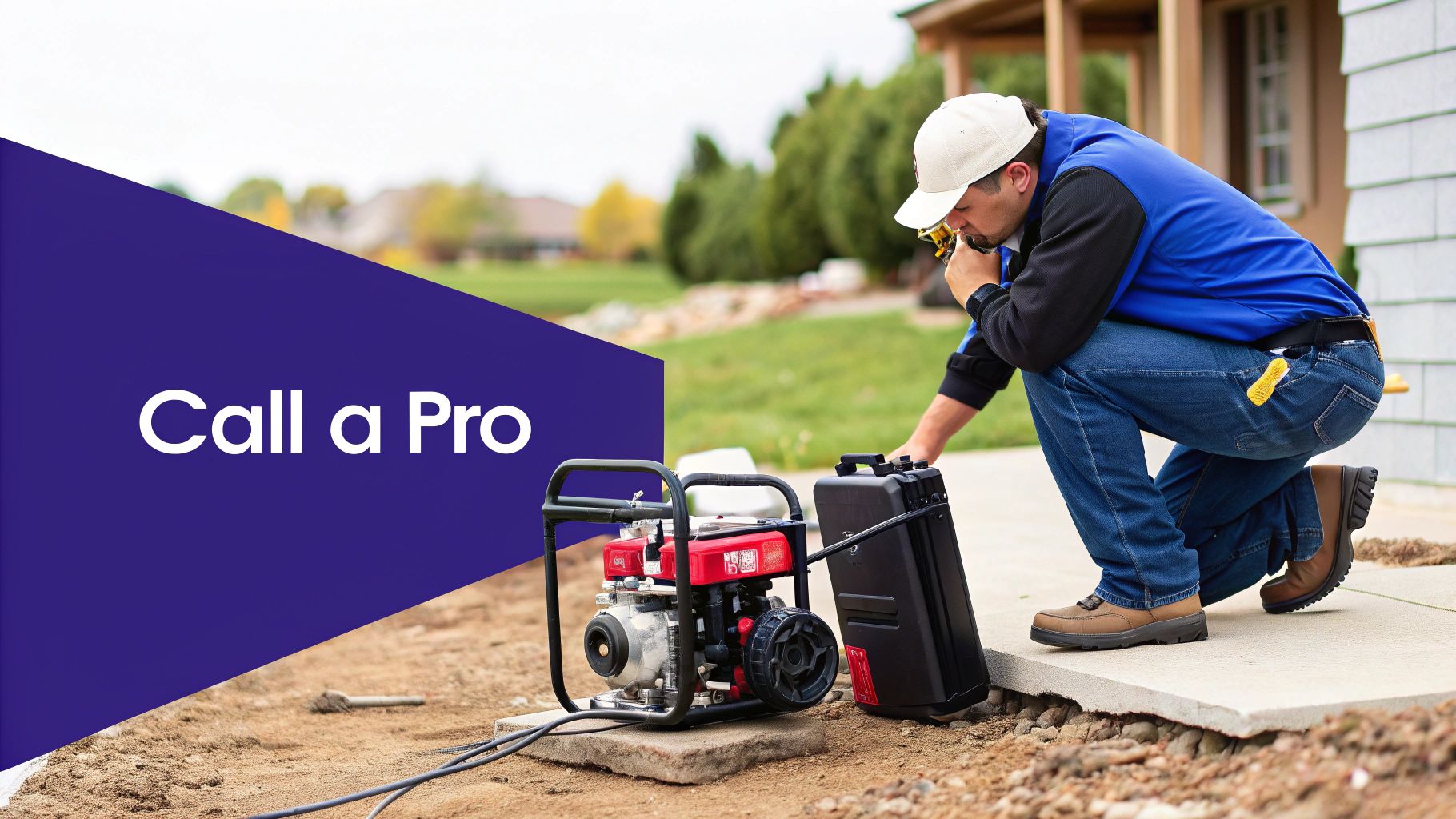 A professional technician wearing a blue vest and cap inspects a small red engine outdoors.