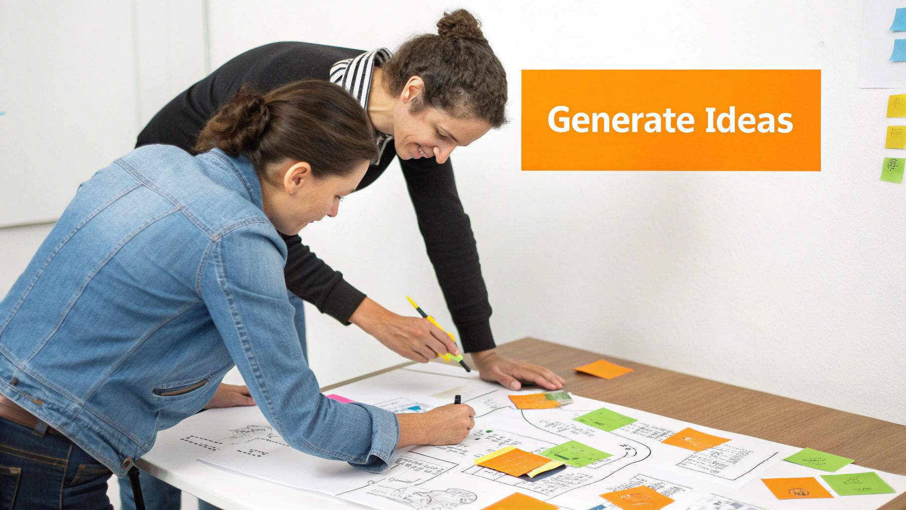 Two women collaborate, writing on a large paper with colorful sticky notes, generating design ideas.