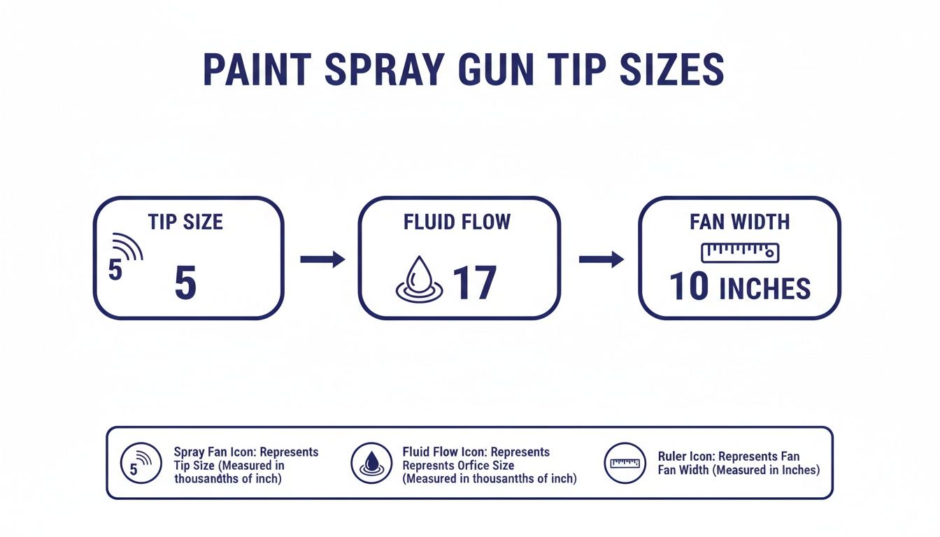 A diagram illustrating how paint spray gun tip size (5) influences fluid flow (17) and fan width (10 inches), with icon legends.