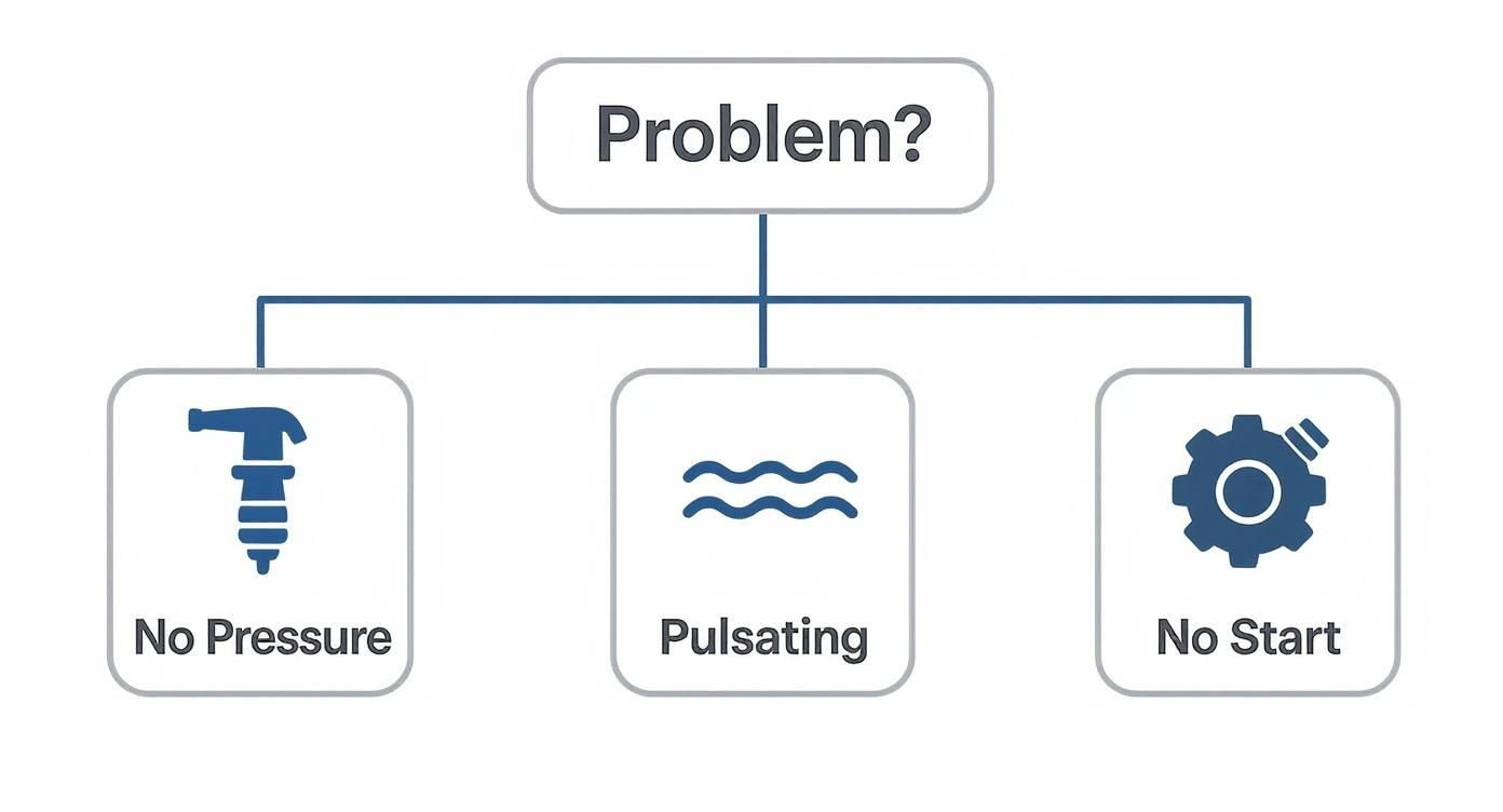 Flowchart illustrating common pressure washer problems, including no pressure, pulsating spray, and failure to start.