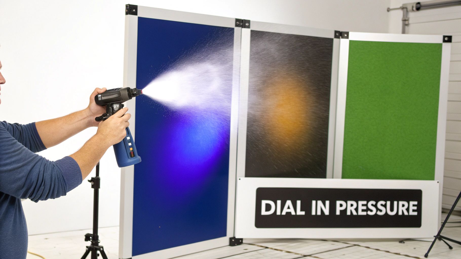 A person uses a spray gun, demonstrating water pressure against blue and dark panels with a "DIAL IN PRESSURE" sign.