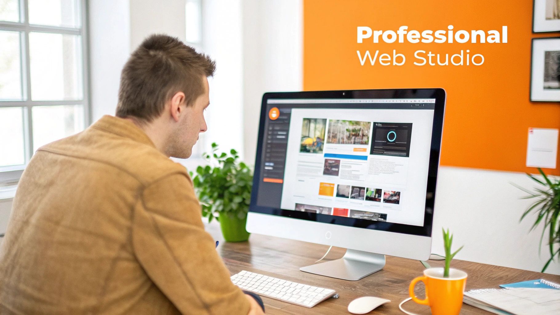 A man working at a desk on a computer displaying a website, with 'Professional Web Studio' on the wall.