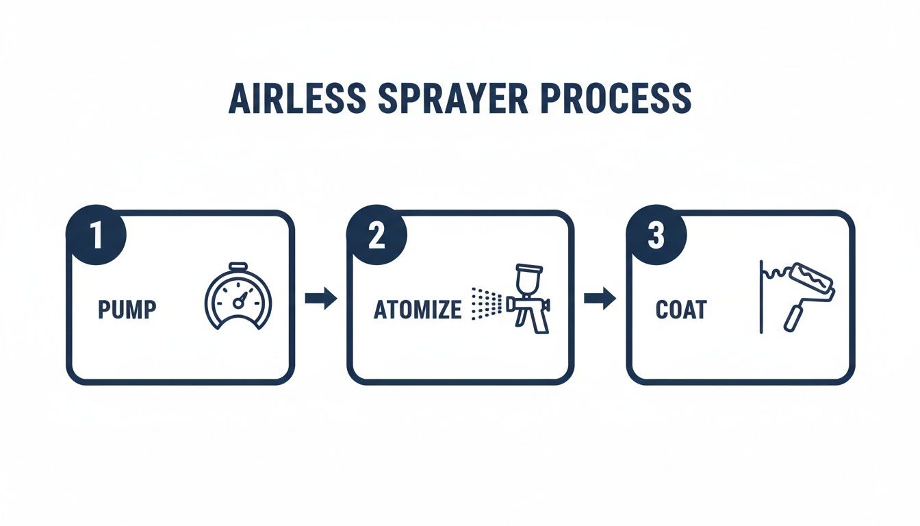 A diagram illustrating the three steps of the airless sprayer process: pump, atomize, and coat.