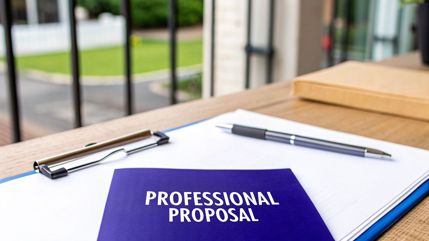 A professional proposal document with a blue cover, pen, and clipboard on a wooden desk.