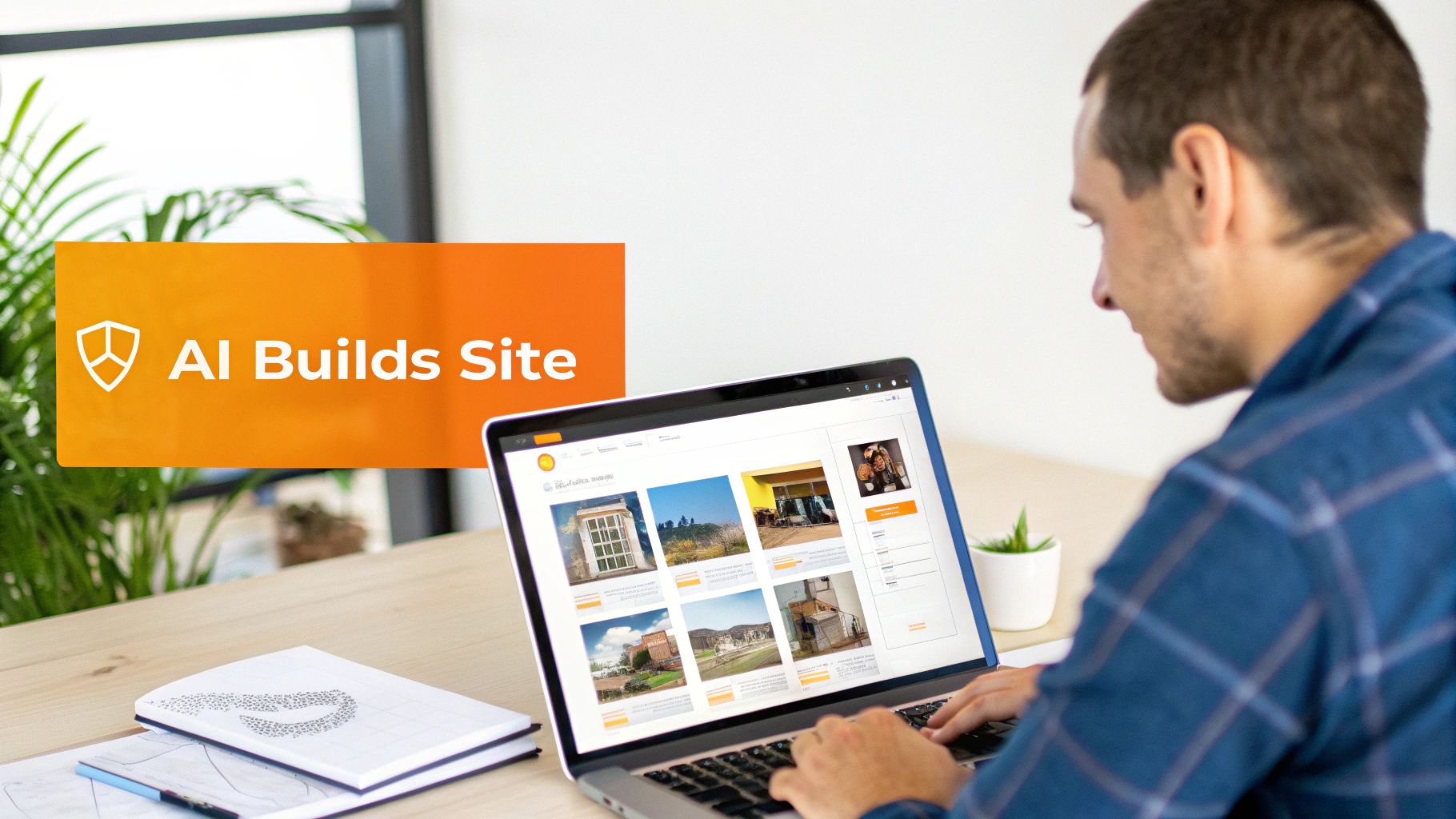 A man works on a laptop displaying a website with various images and an “AI Builds Site” banner.