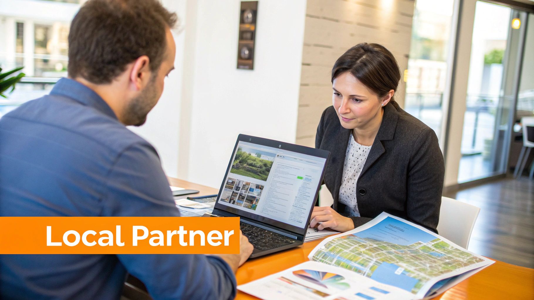 Two professionals, a man and a woman, collaborate on a laptop, reviewing plans and documents.