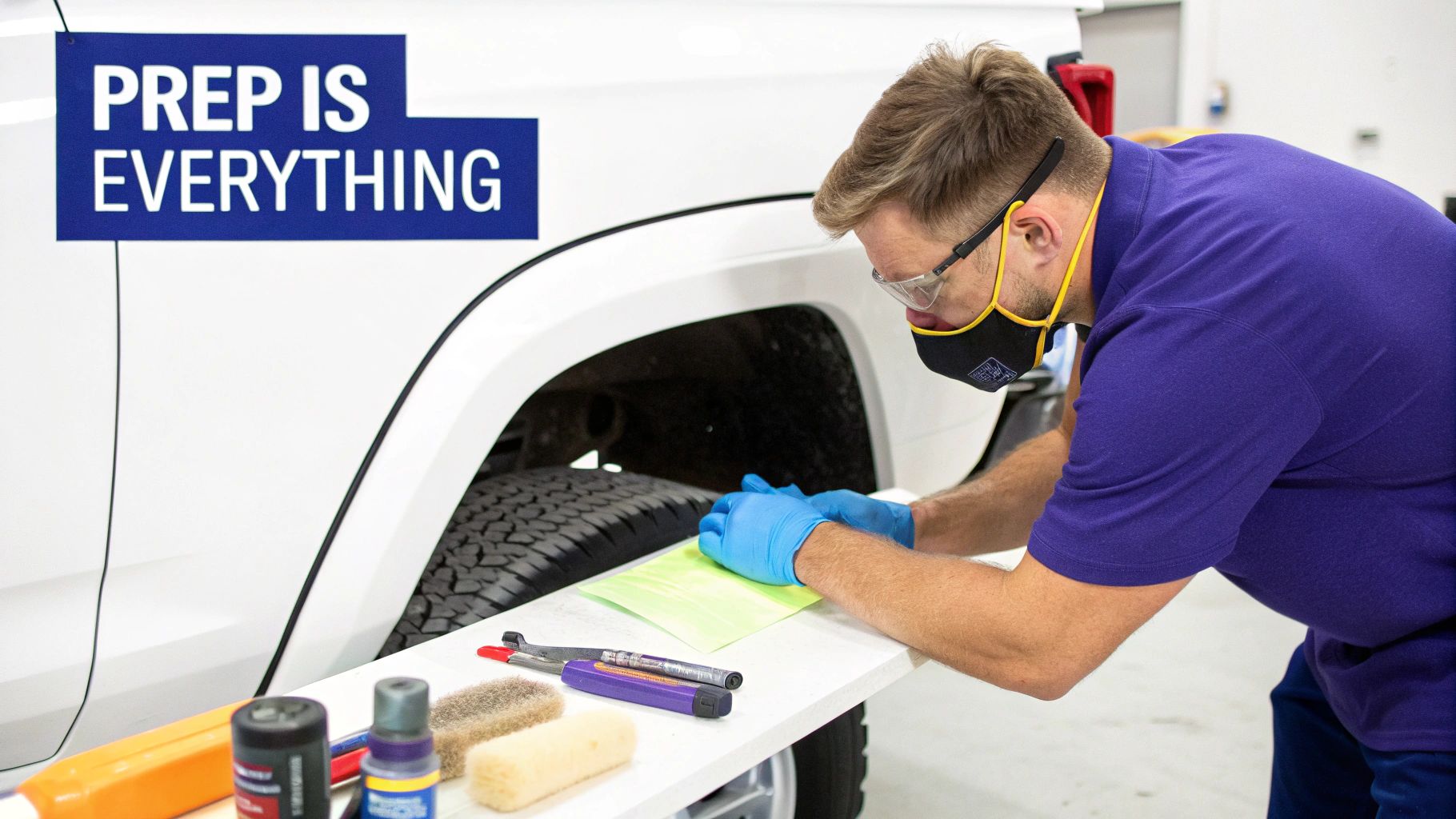 A man in safety glasses and gloves meticulously prepares a surface near a white truck, with detailing tools nearby.