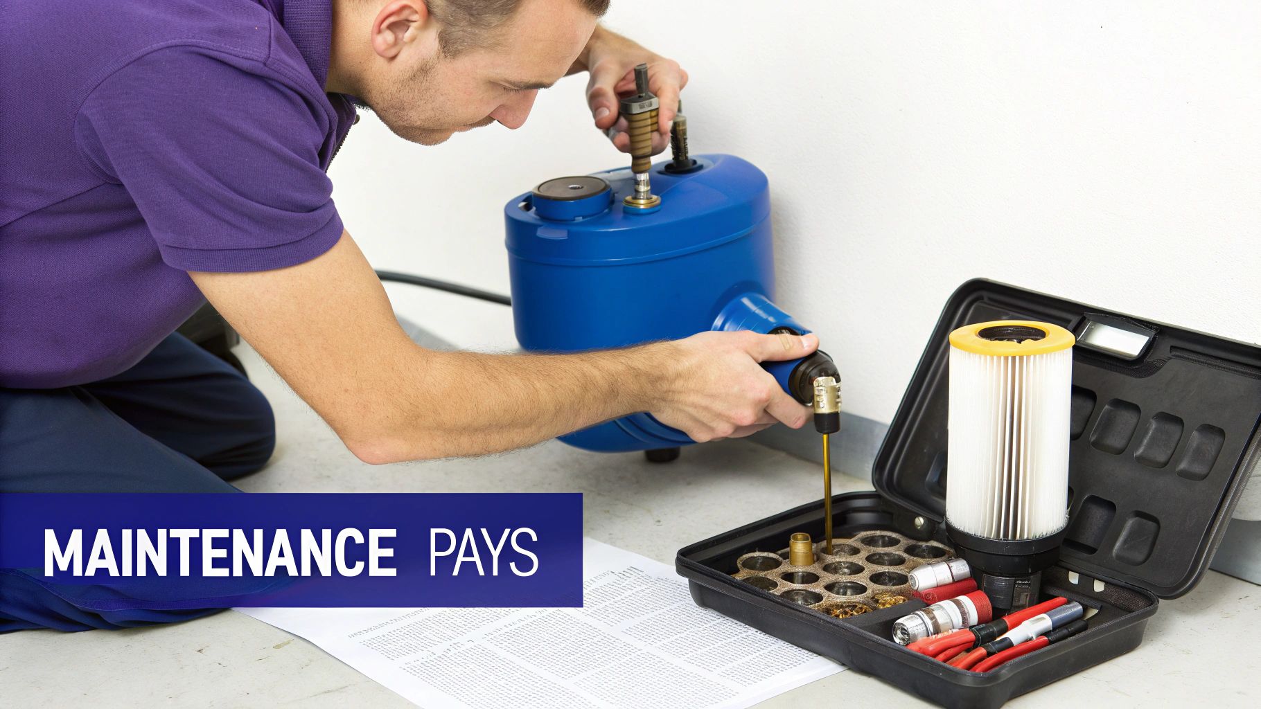 A man in a purple shirt performs maintenance on a blue water system with tools and a filter.