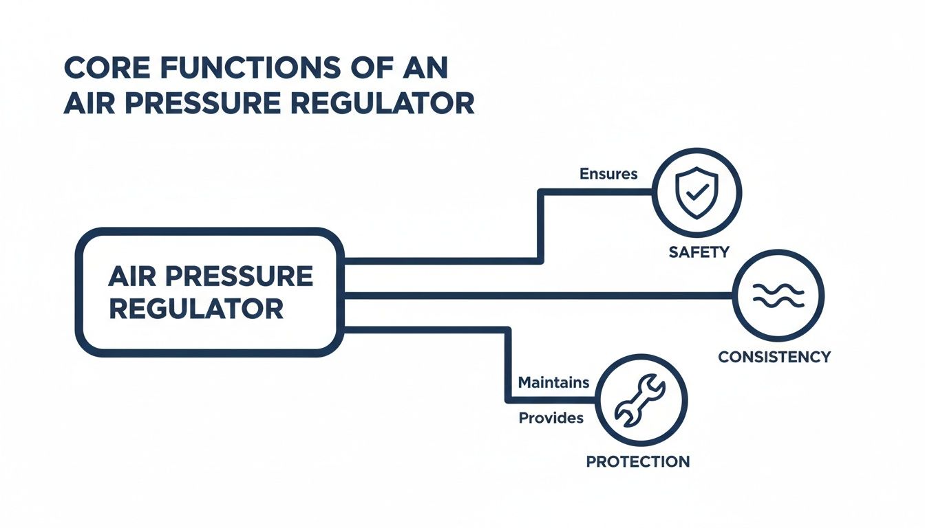 Diagram illustrating the core functions of an air pressure regulator: safety, consistency, and protection.