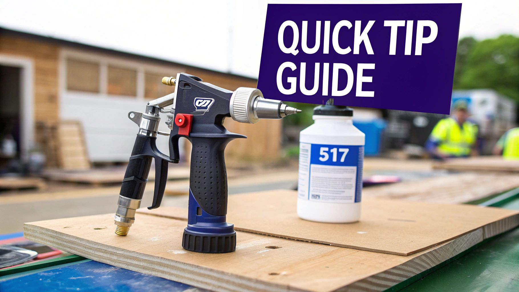 A spray gun and '517' bottle on a wooden surface, next to a 'QUICK TIP GUIDE' sign at a job site.