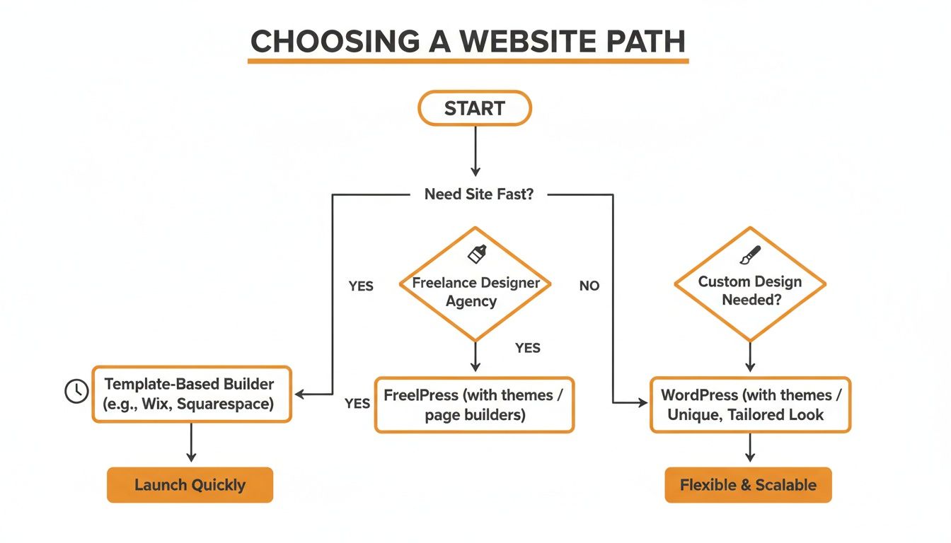 Flowchart illustrating website path choices, including template builders like Wix, Squarespace, FreeIPress, and WordPress for various needs.