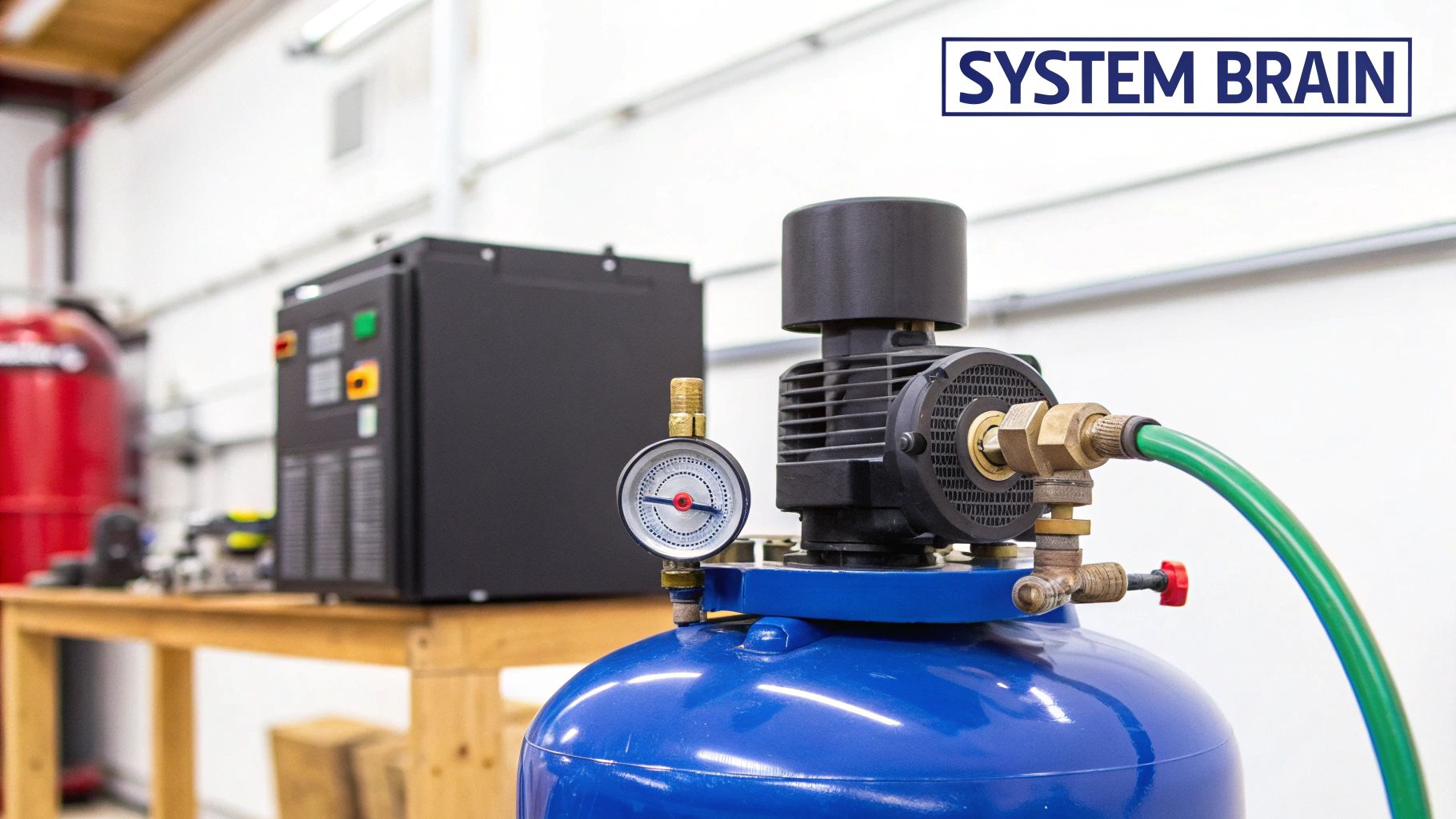 Close-up of a blue industrial air compressor with a black motor, pressure gauge, and green hose.