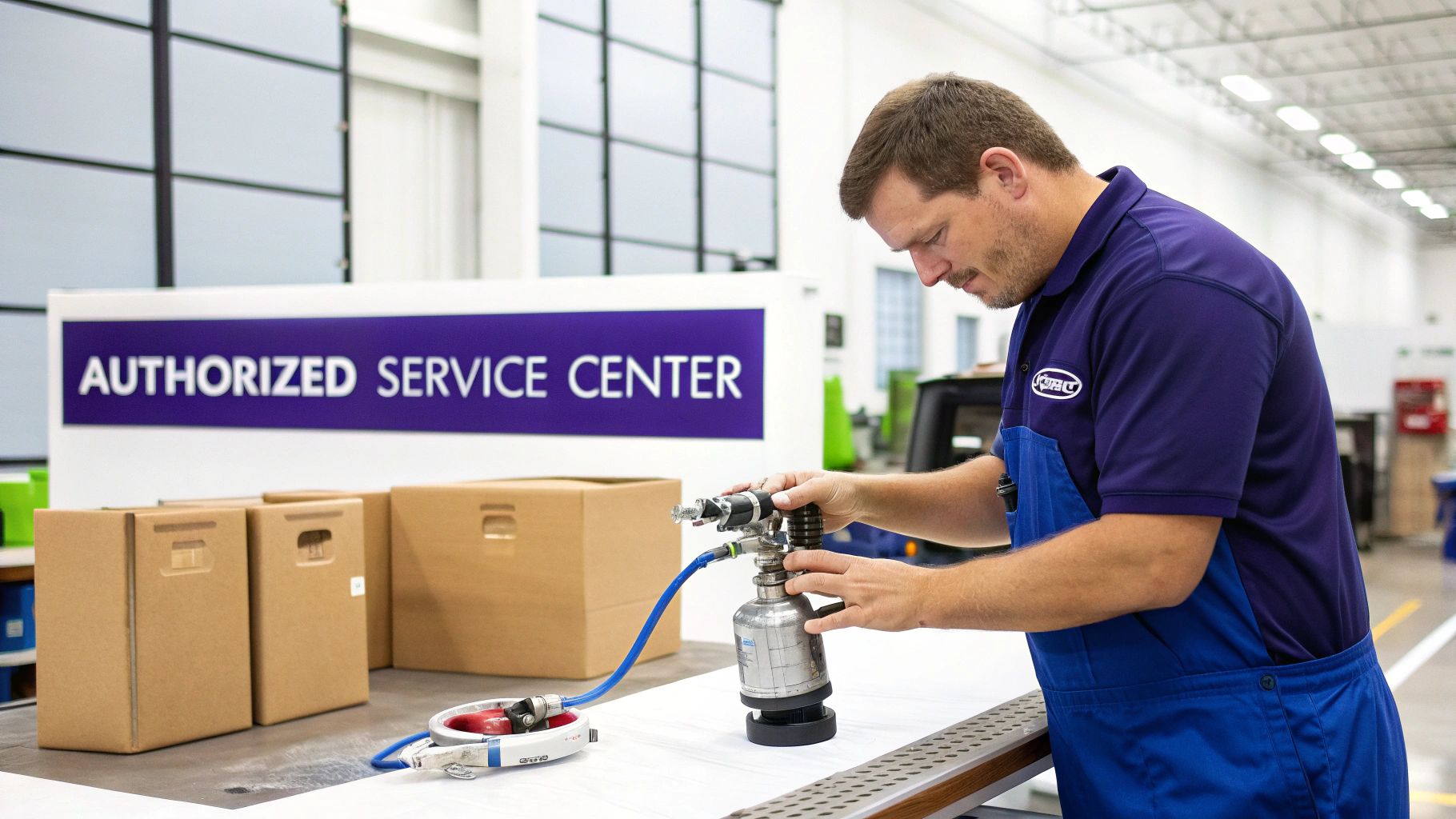 A man in a blue uniform repairs an airless paint sprayer at an authorized service center.