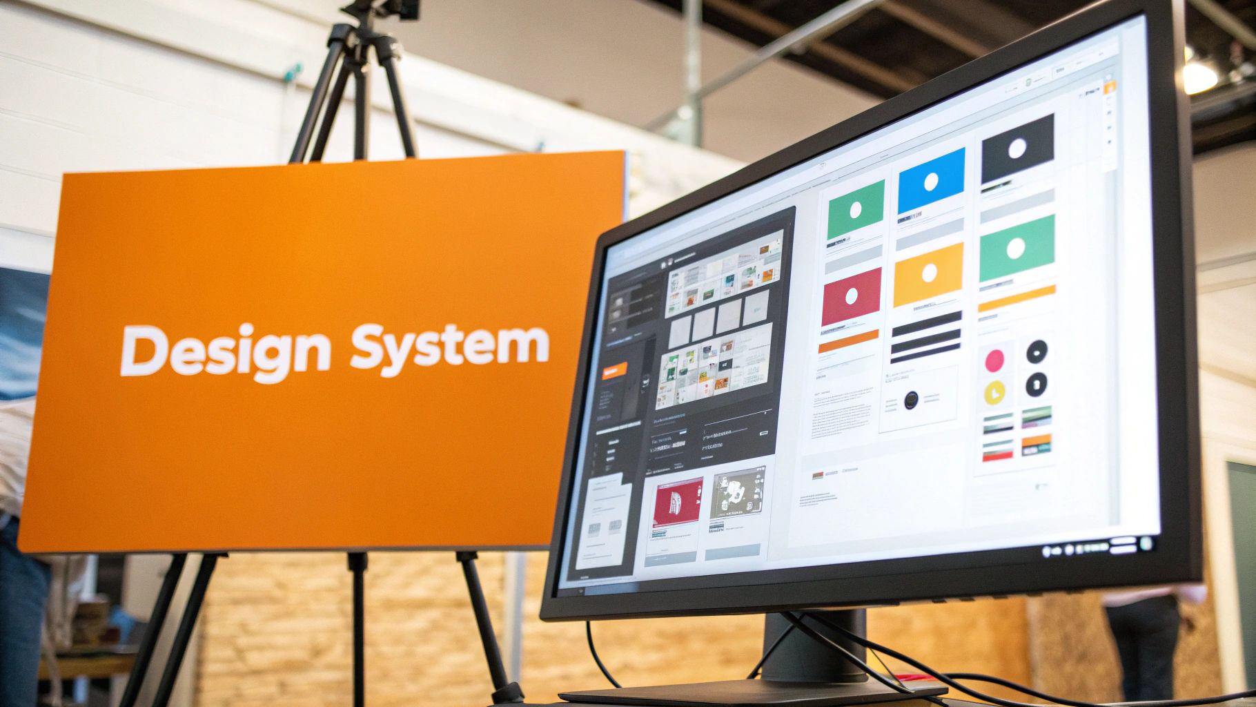 A monitor displaying a design system interface with UI components next to an orange "Design System" sign.