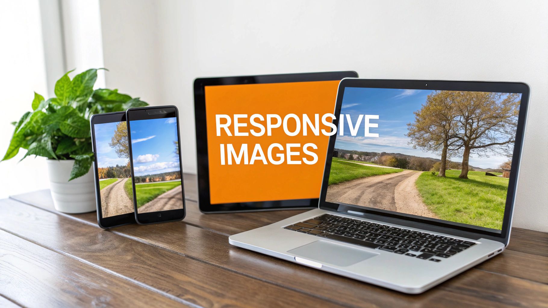 Multiple digital devices including a laptop, tablet, and smartphones displaying a responsive scenic landscape image on a wooden desk.