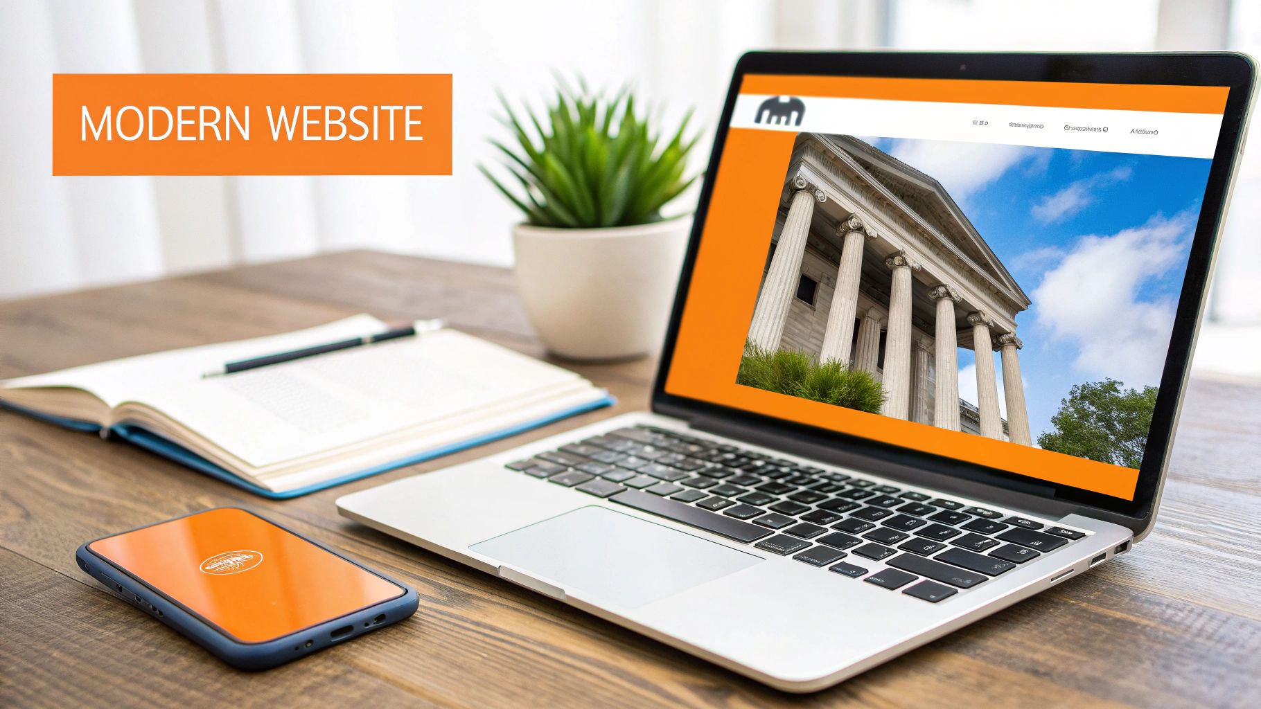 A laptop and smartphone on a wooden desk, displaying a modern website with a classical building.