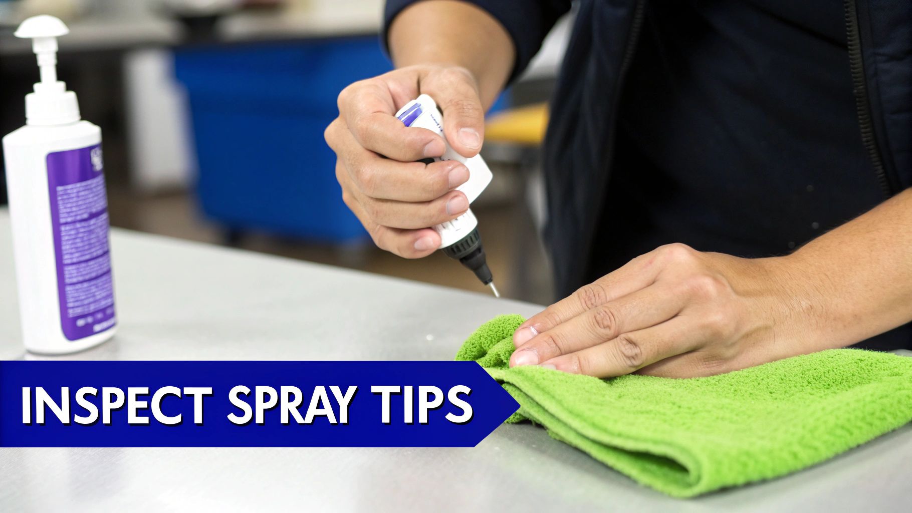 A person applies liquid from a small bottle onto a green microfiber cloth to clean spray tips.