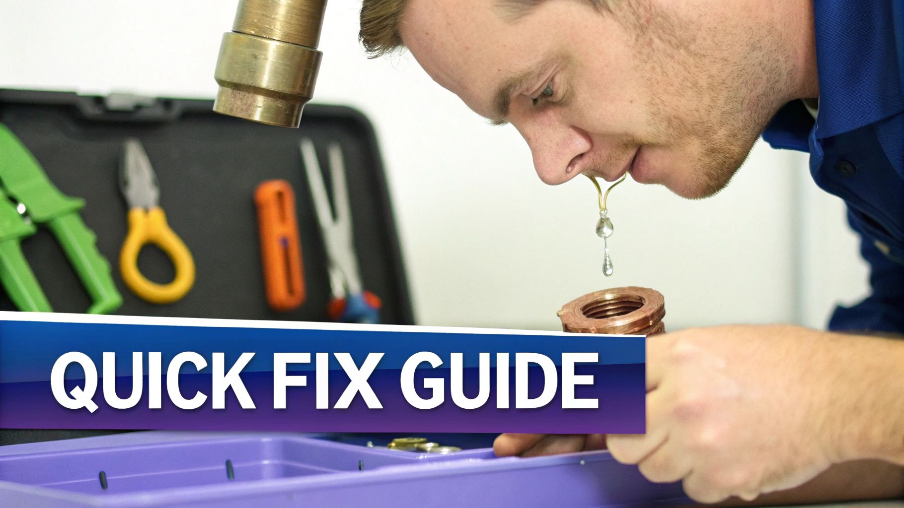 A man with a humorous nose-drip dispenser working on copper plumbing, surrounded by tools.