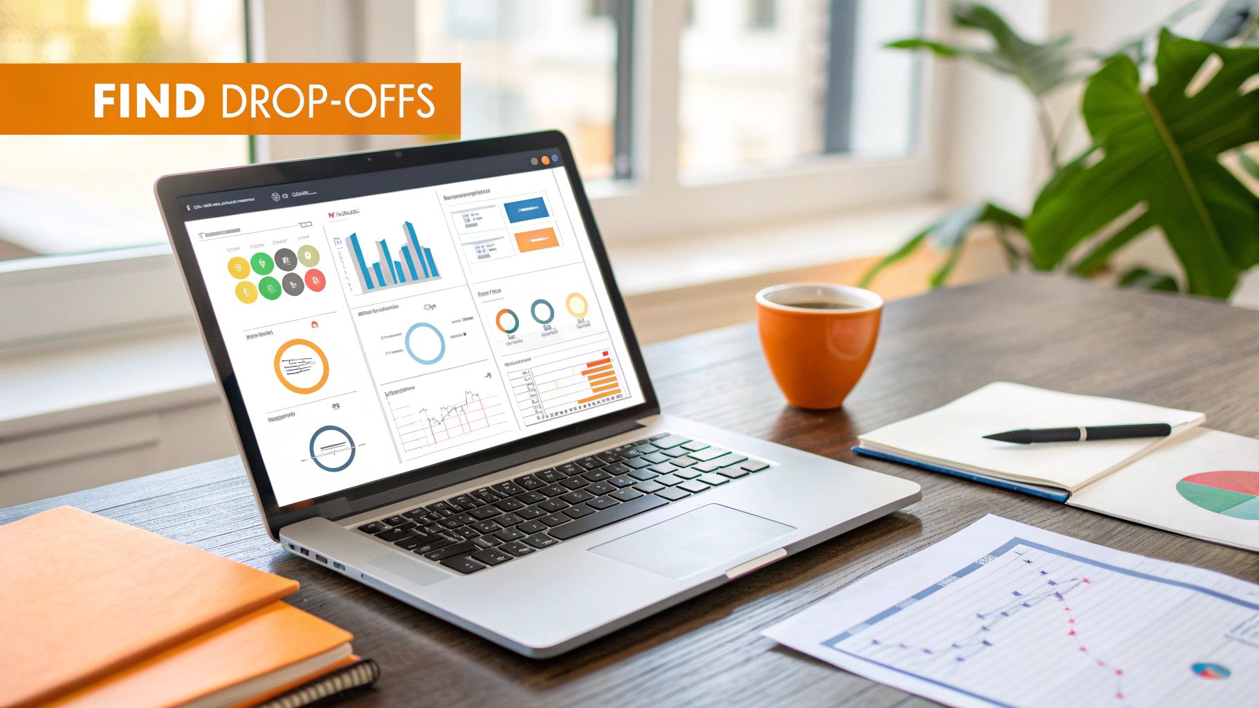 A laptop screen displays business analytics dashboards with charts and graphs, on a desk with coffee and notebooks.