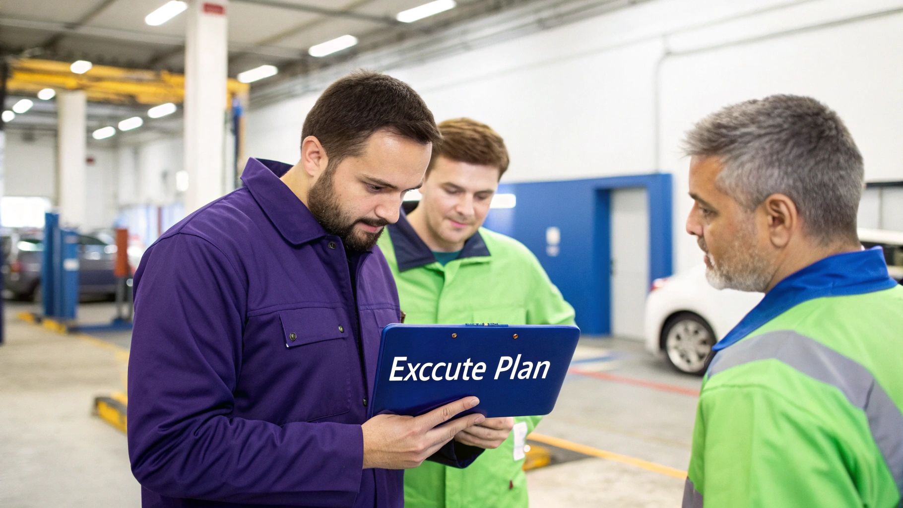 Auto mechanics review an &quot;Exccute Plan&quot; on a clipboard in a garage setting.