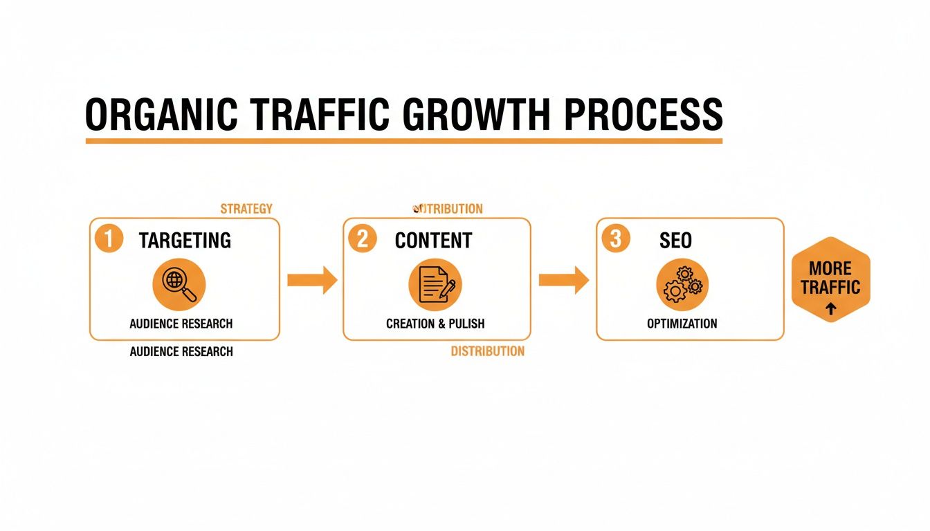Diagram showing a three-step organic traffic growth process: Targeting, Content, and SEO leading to more traffic.