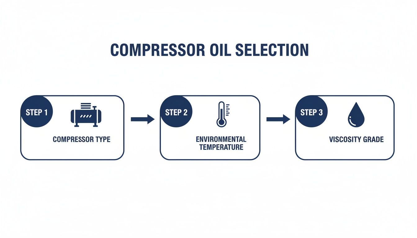 A three-step flowchart illustrating compressor oil selection based on type, environmental temperature, and viscosity grade.