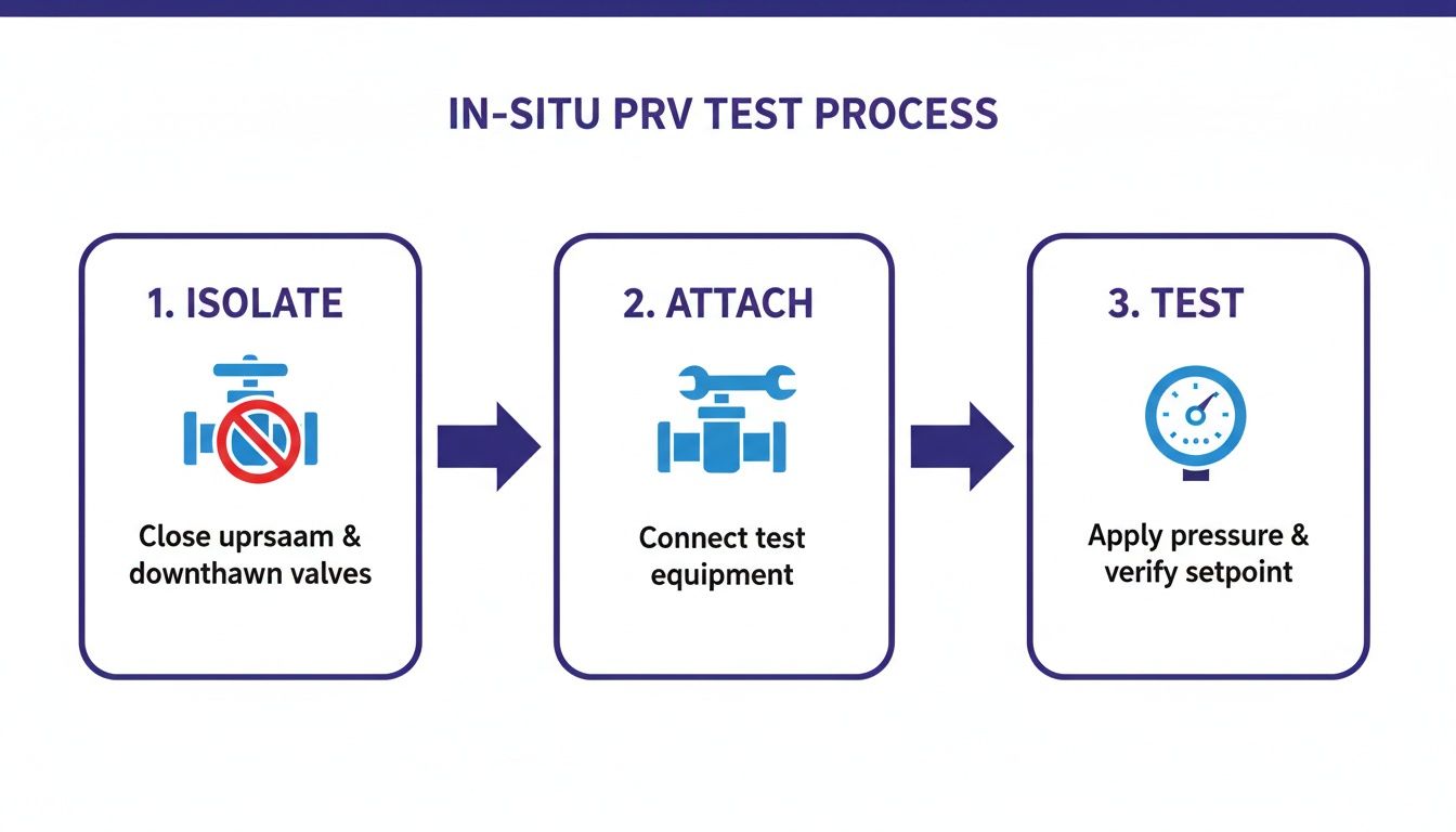 An infographic illustrating the three steps of the in-situ pressure relief valve (PRV) test process.