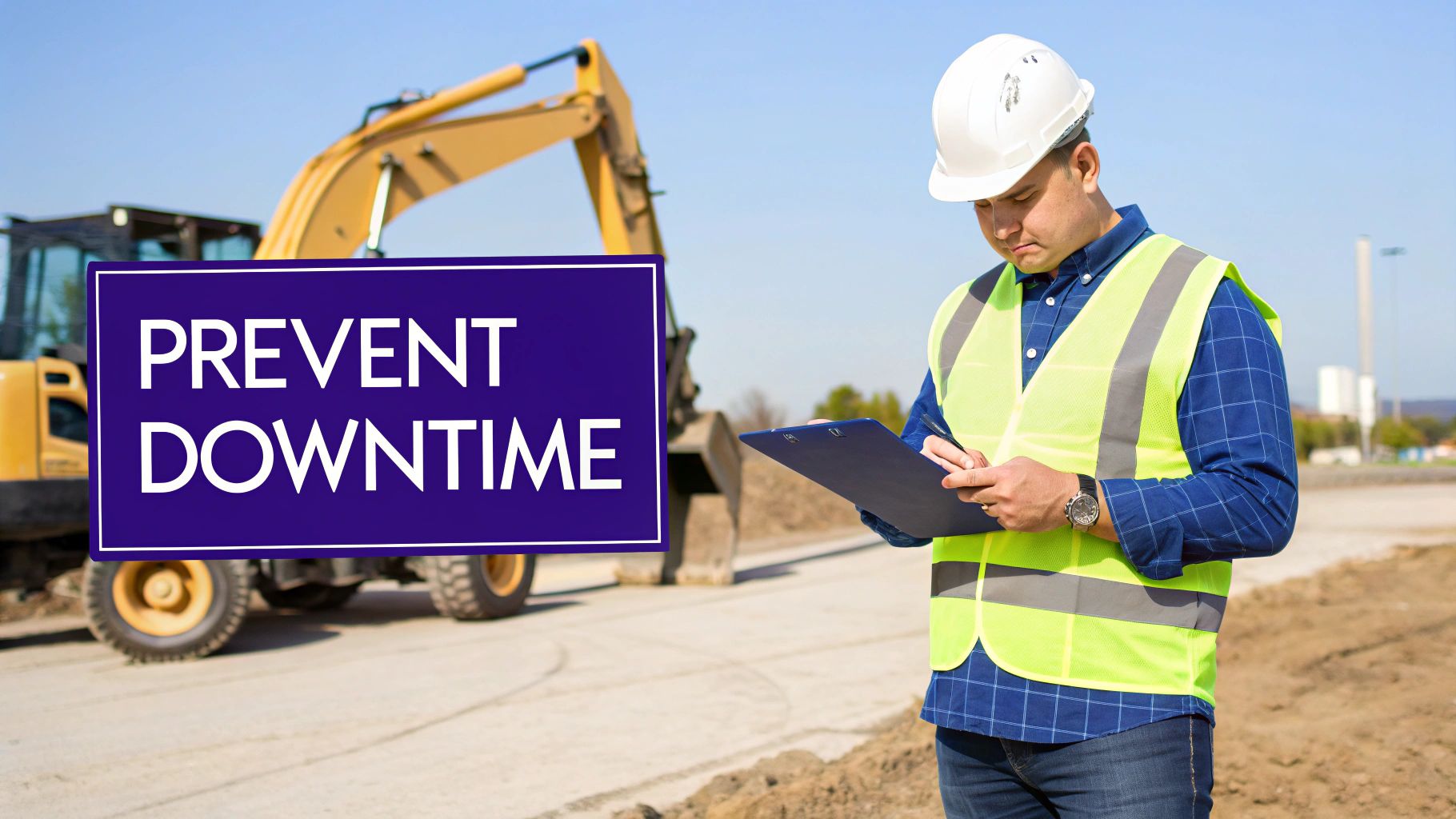A construction worker in a hard hat and safety vest performing an equipment inspection to prevent downtime.