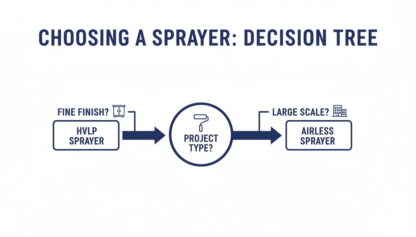 Decision tree diagram for choosing a paint sprayer, recommending HVLP for fine finishes and Airless for large scale projects.