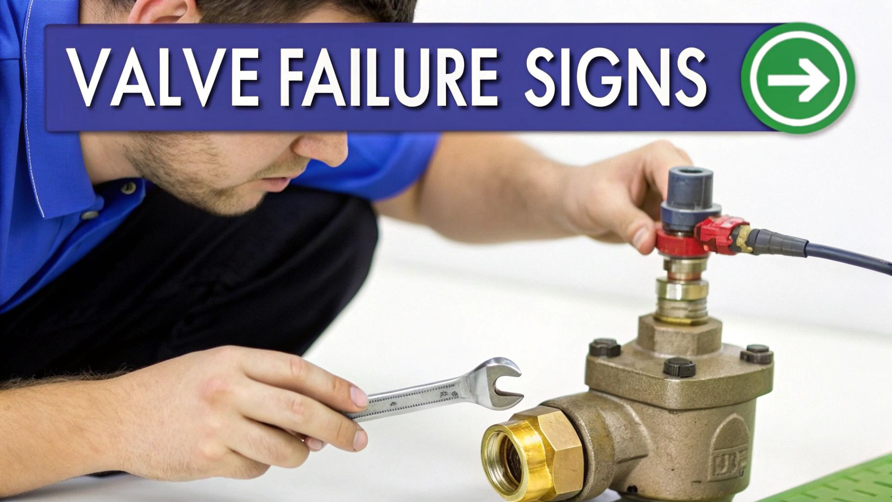 A technician uses a wrench to inspect a bronze valve, with a 'Valve Failure Signs' banner.