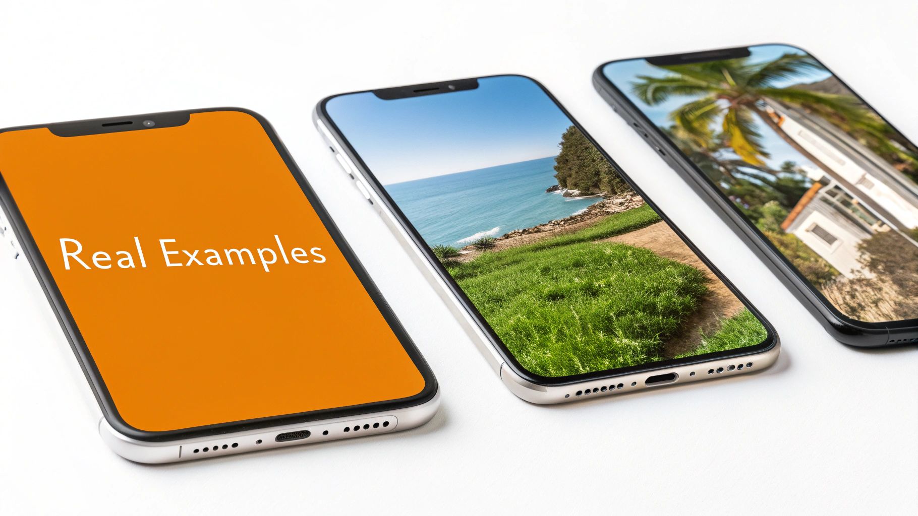 Three modern smartphones showcasing different screens: &#39;Real Examples&#39; text, a coastal landscape, and a house with a palm tree.