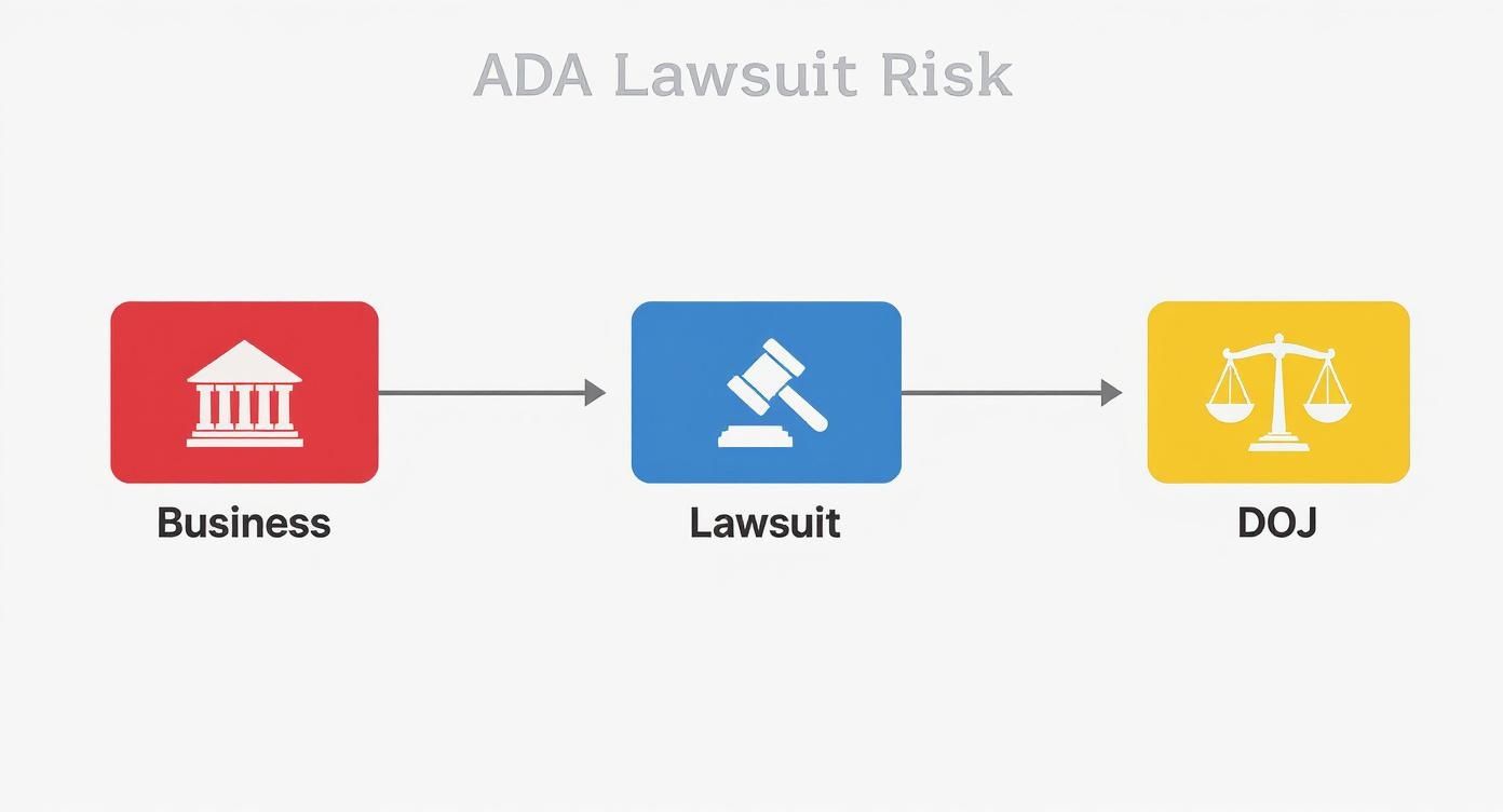 Flowchart illustrating the ADA lawsuit risk journey from business, through a lawsuit, to the Department of Justice.