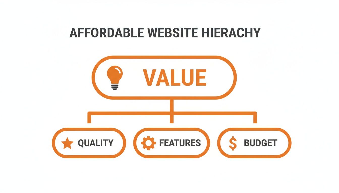 A hierarchy chart showing affordable website value, stemming from quality, features, and budget.