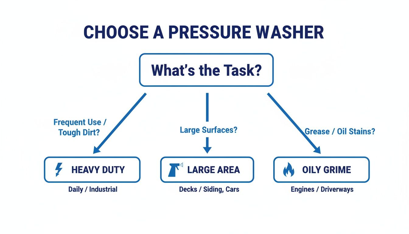 A flowchart titled 'Choose a Pressure Washer', detailing selection based on task: heavy duty, large area, or oily grime.
