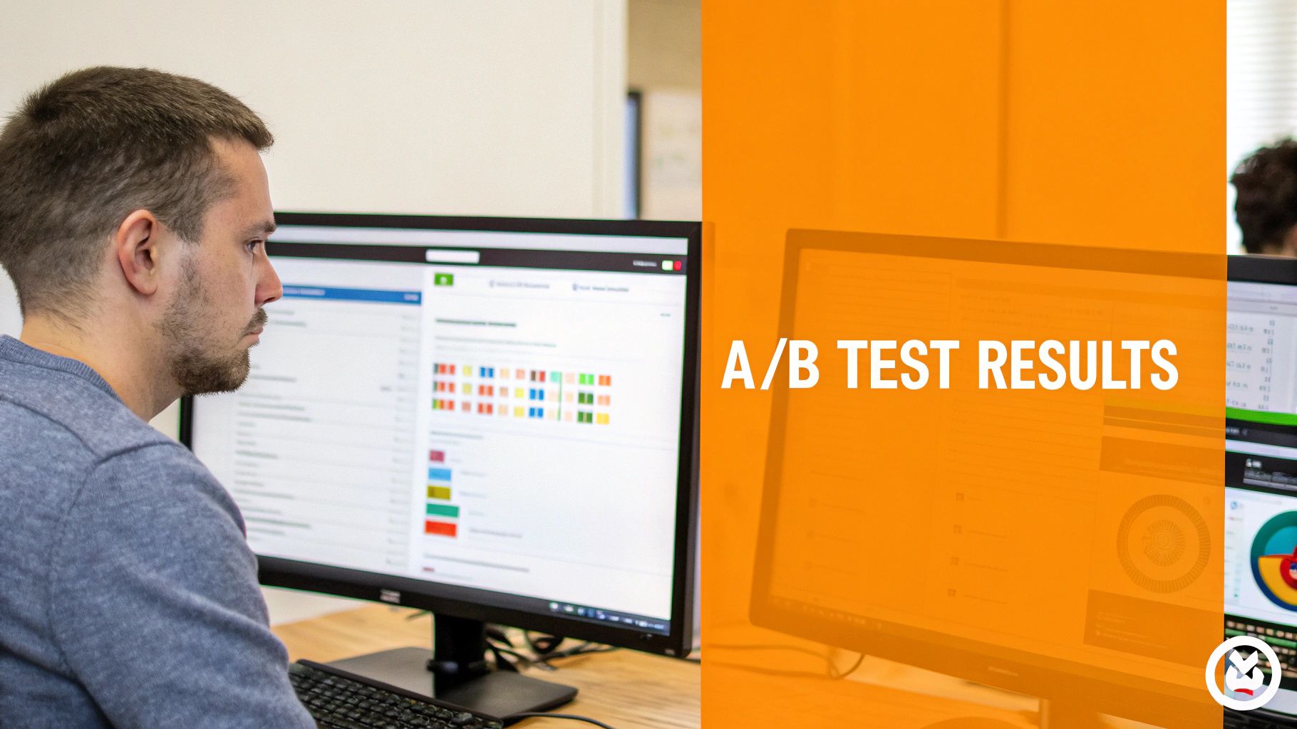 Man reviews A/B test results on a computer, showing data visualizations and charts.