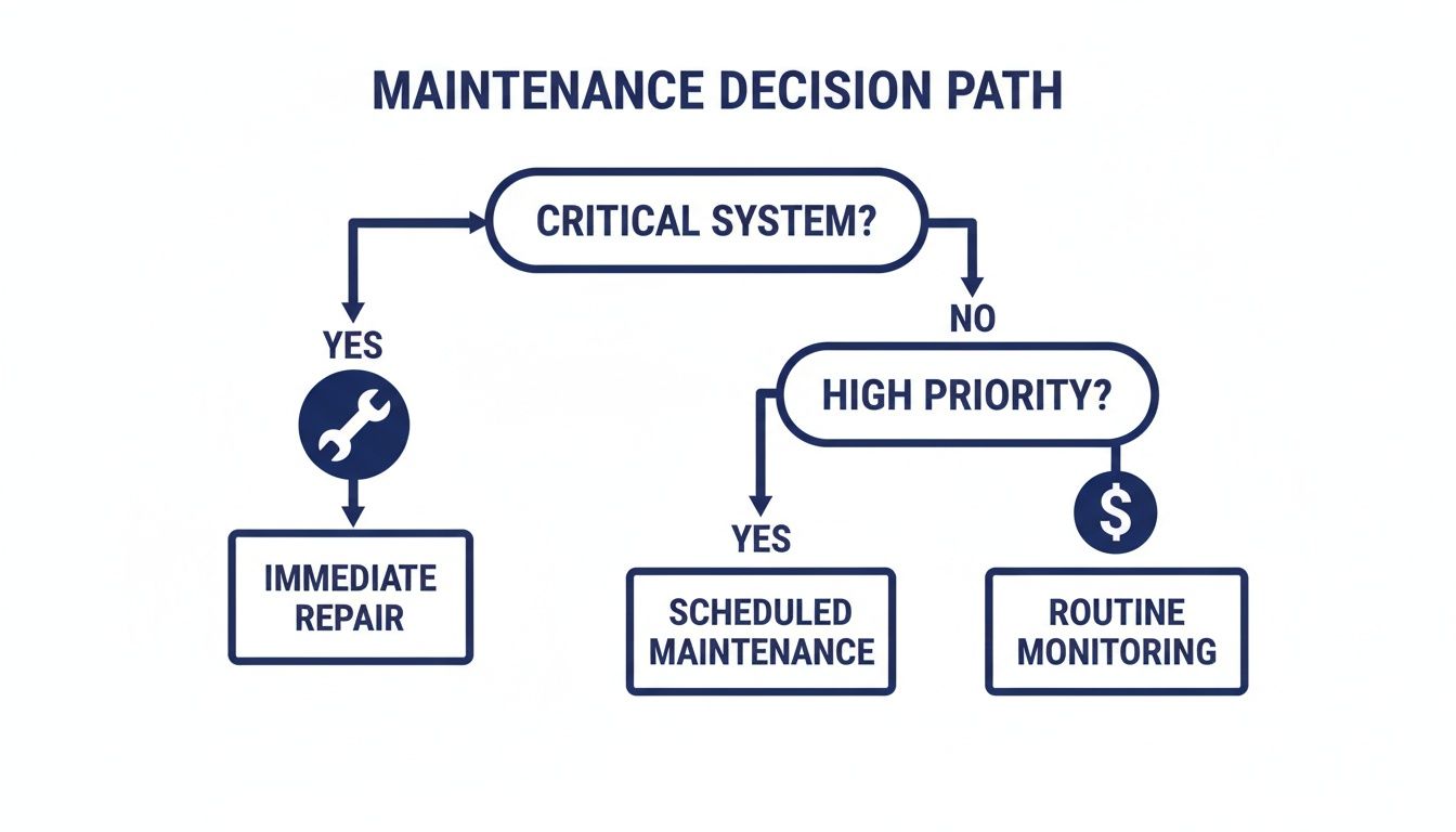 A maintenance decision path flowchart showing steps for critical systems, high priority tasks, and routine monitoring.