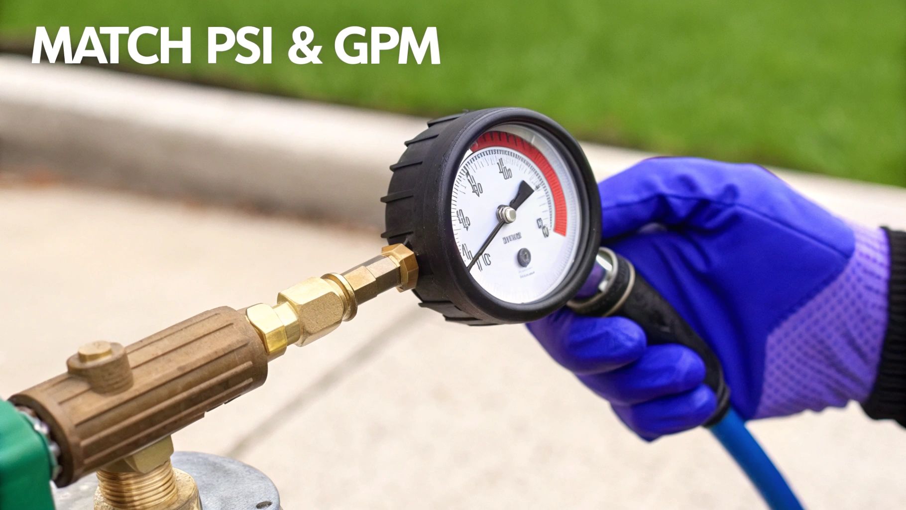 A gloved hand holds a pressure gauge connected to brass fittings, with text "MATCH PSI &amp; GPM".