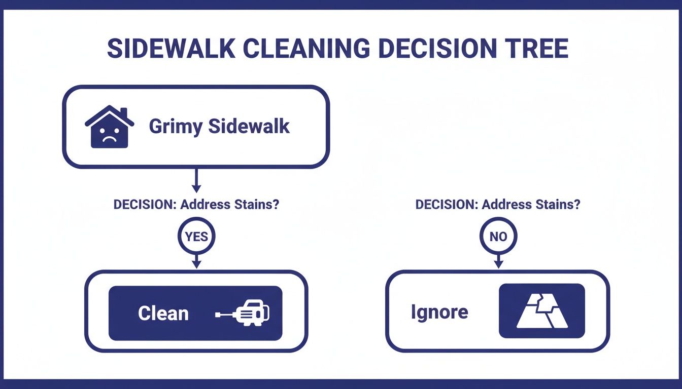 A decision tree diagram for sidewalk cleaning, showing choices to clean or ignore grimy stains.